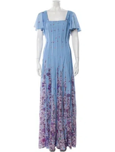 Pre-owned Mikael Aghal Floral Print Long Dress W/ Tags In Blue
