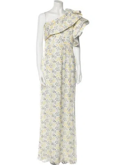 Pre-owned Mikael Aghal Floral Print Long Dress In White