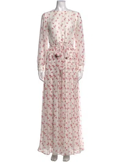 Pre-owned Mikael Aghal Floral Print Long Dress In White