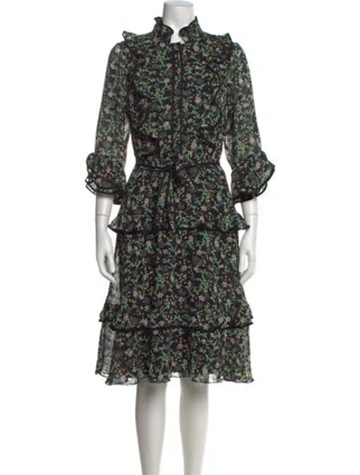Pre-owned Mikael Aghal Floral Print Midi Length Dress In Black/green