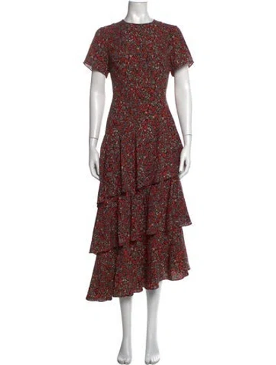 Pre-owned Mikael Aghal Floral Print Midi Length Dress In Red