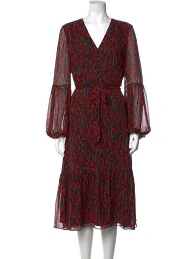Pre-owned Mikael Aghal Floral Print Midi Length Dress In Red