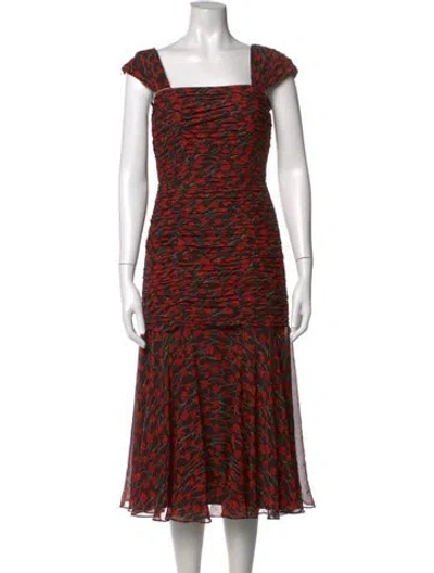 Pre-owned Mikael Aghal Floral Print Midi Length Dress W/ Tags In Red