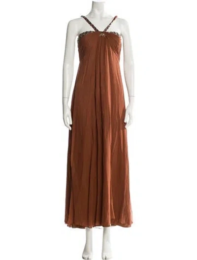 Pre-owned Mikael Aghal Silk Midi Length Dress In Brown