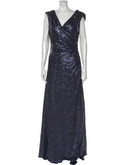 Pre-owned Mikael Aghal V-neck Long Dress In Blue