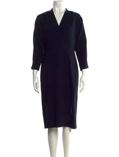 Pre-owned Mikael Aghal V-neck Midi Length Dress In Blue