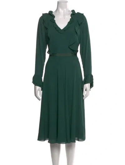 Pre-owned Mikael Aghal V-neck Midi Length Dress In Green