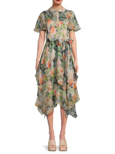 Mikael Aghal Women's Belted Semi Sheer Midi Dress In Green Multi