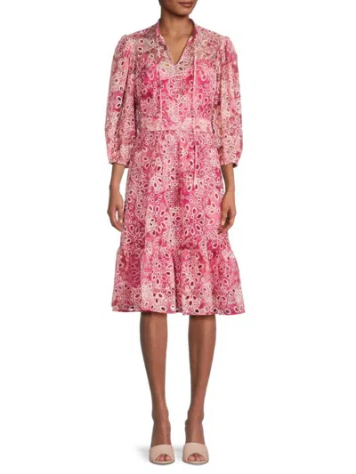 Mikael Aghal Women's Eyelet Belted Midi Dress In Fuchsia Multi