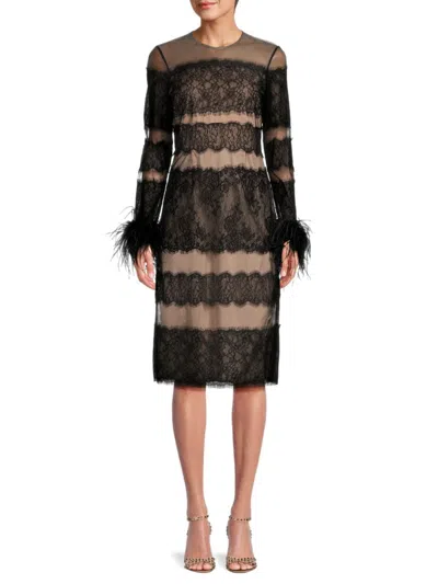 Mikael Aghal Women's Feather Trim Lace Sheath Dress In Black Nude