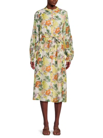 Mikael Aghal Women's Floral Belted Long-sleeve Midi-dress In Green