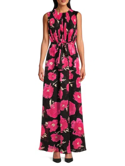 Mikael Aghal Women's Floral Belted Maxi Dress In Black Fuchsia