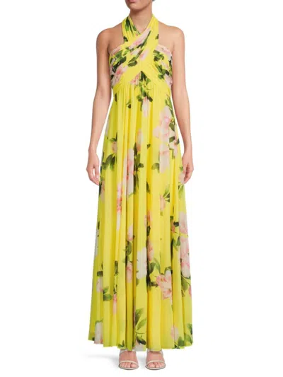 Mikael Aghal Women's Floral Pleated Gown In Yellow Multi