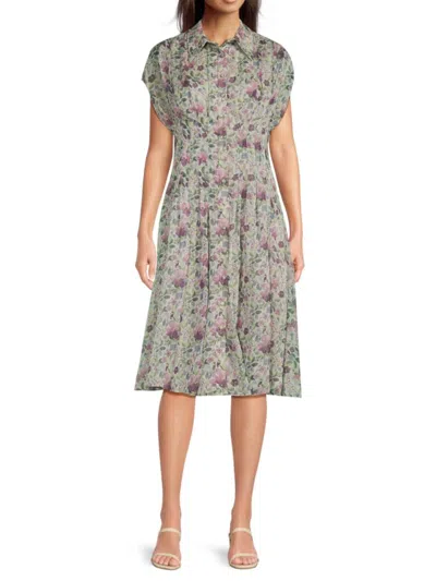 Mikael Aghal Pleated Floral-print Chiffon Midi Shirt Dress In Lilac Multi