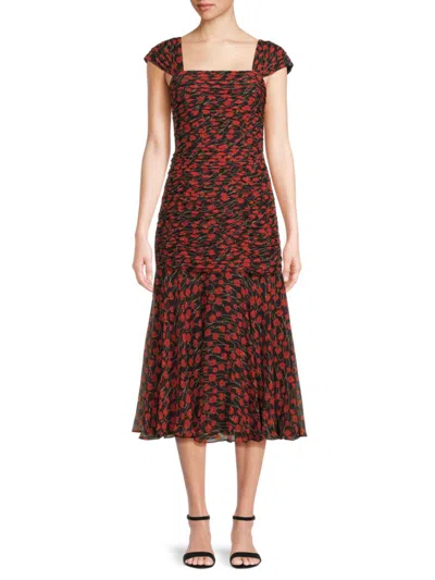 Mikael Aghal Ruched Floral-print Chiffon Midi Dress In Red Black