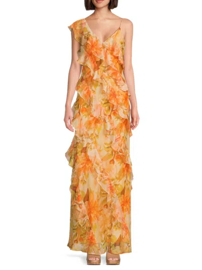 Mikael Aghal Women's Floral Ruffle Gown In Mango Multi