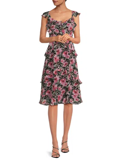 Mikael Aghal Women's Floral Ruffled Dress In Black Multi