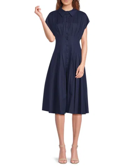 Mikael Aghal Women's Point Collar Pleated Midi Shirtdress In Navy