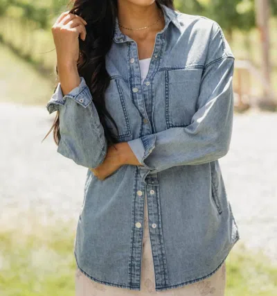Mikarose Button Down Denim Shirt In Light Wash In Blue
