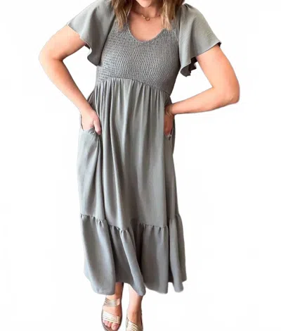 Mikarose Smocked Midi Dress In Dusty Sage In Gray