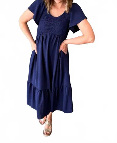 Mikarose Smocked Midi Dress In Navy In Blue