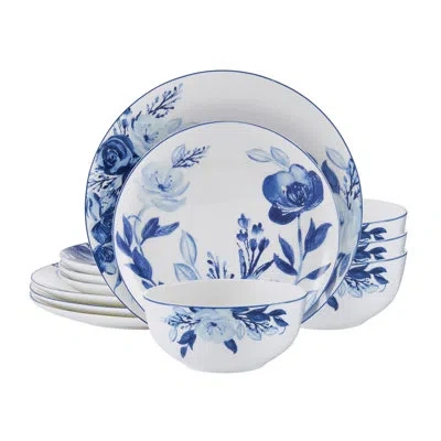 Mikasa Darcy 12-piece Lightweight Chip-resistant Bone China Dinnerware Set, Service For 4 In Blue;white