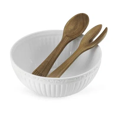 Mikasa Italian Countryside Salad Bowl With Serving Utensils In White