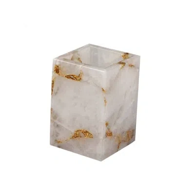 Mike & Ally Gemstone White Quartz & Gold Foil Brush Holder – Luxury Natural Gemstone Toothbrush & Makeup Brush O In Multi