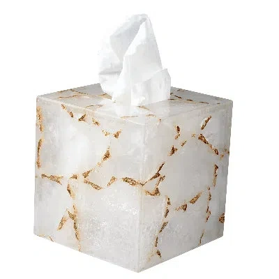 Mike & Ally Gemstone White Quartz & Gold Foil Tissue Box Cover – Square Natural Gemstone Boutique Tissue Holder