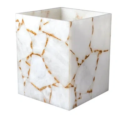 Mike & Ally Gemstone White Quartz & Gold Foil Wastebasket With Liner – Luxury Natural Gemstone Bathroom Trash Ca In Multi