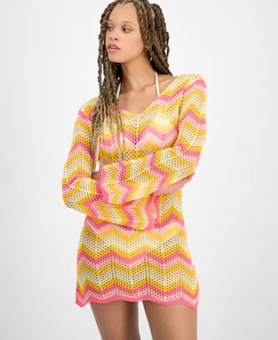 Miken Juniors' Chevron Dress Swim Cover-up, Exclusively At Macy's In Hot Pink,gold Fusion