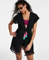 Miken Juniors' Crochet Tassel-trimmed Tie-front Kimono Cover-up, Exclusively At Macy's In Black