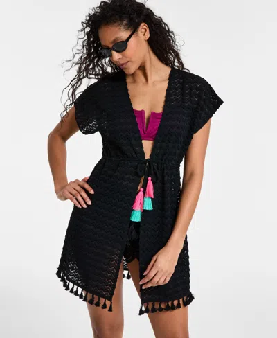 Miken Juniors' Crochet Tassel-trimmed Tie-front Kimono Cover-up, Exclusively At Macy's In Black