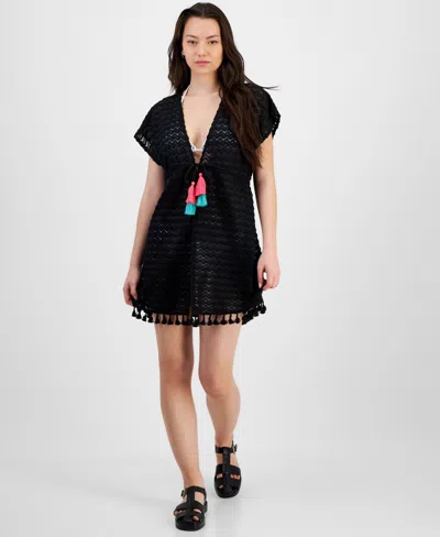 Miken Juniors' Crochet Tassel-trimmed Tie-front Kimono Cover-up, Exclusively At Macy's In Black