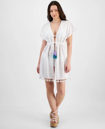 Miken Juniors' Crochet Tassel-trimmed Tie-front Kimono Cover-up, Exclusively At Macy's In White