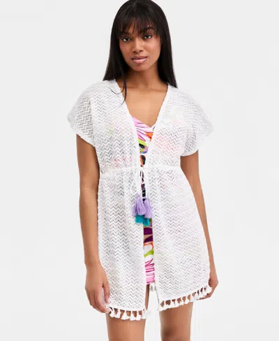 Miken Juniors' Crochet Tassel-trimmed Tie-front Kimono Cover-up, Exclusively At Macy's In White