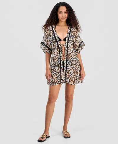 Miken Juniors' Leaf-trim Leopard-print Cover-up Kimono, Macy's Exclusive In Brown