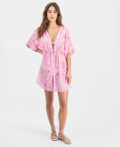 Miken Juniors' Leaf-trim Leopard-print Cover-up Kimono, Macy's Exclusive In Pink