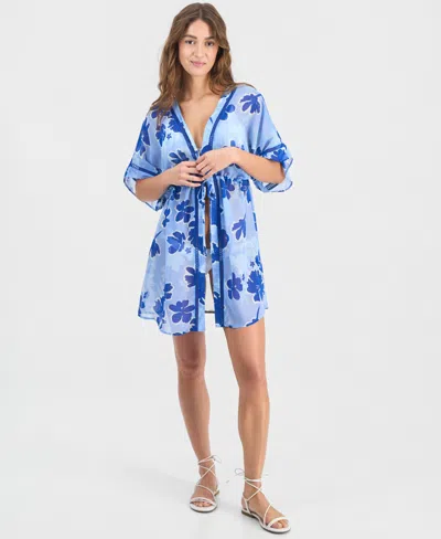 Miken Juniors' Leaf-trim Leopard-print Cover-up Kimono, Macy's Exclusive In Blue