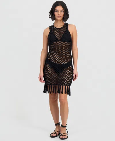 Miken Juniors' Mesh Fringe-hem Tank Dress Swim Cover-ups In Black