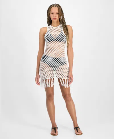 Miken Juniors' Mesh Fringe-hem Tank Dress Swim Cover-ups In Ivory