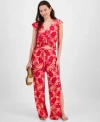 Miken Juniors Printed Ruffled Cover Up Top Printed Side Slit Cover Up Pants Exclusively At Macys In Desert Flower,bright Rose