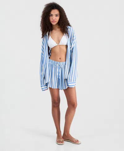 Miken Juniors' Striped Crinkle Gauze Cover-up Dolphin Shorts, Macy's Exclusive In Multi