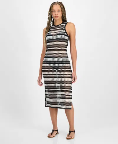 Miken Juniors' Striped Low-back Dress Swim Cover-up, Exclusively At Macy's In Black,white