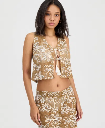 Miken Juniors' Tie-front Floral Cover-up Vest, Macy's Exclusive In Brown