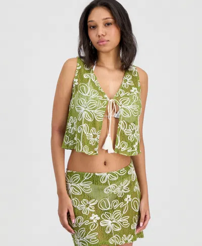 Miken Juniors' Tie-front Floral Cover-up Vest, Macy's Exclusive In Green