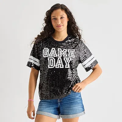 Miken Sequin Top Womens Juniors Crew Neck Short Sleeve Regular Fit Graphic T-shirt In Black