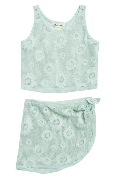 Miken Swim Kids' Grid Mesh Cover-up Tank Top & Sarong Set In Fair Aqua