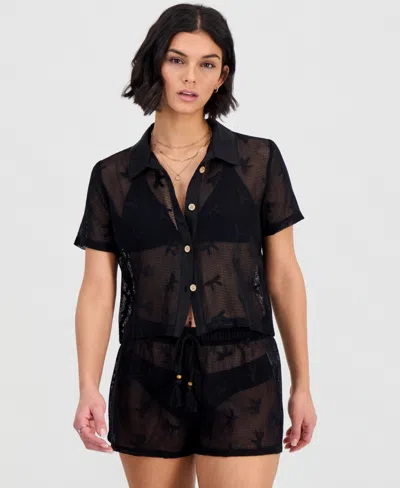 Miken Women's Crochet Camp Button-up Swim Shirt In Black