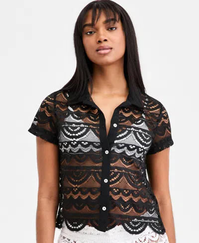 Miken Women's Crochet Swim Cover Up Camp Shirt, Macy's Exclusive In Black
